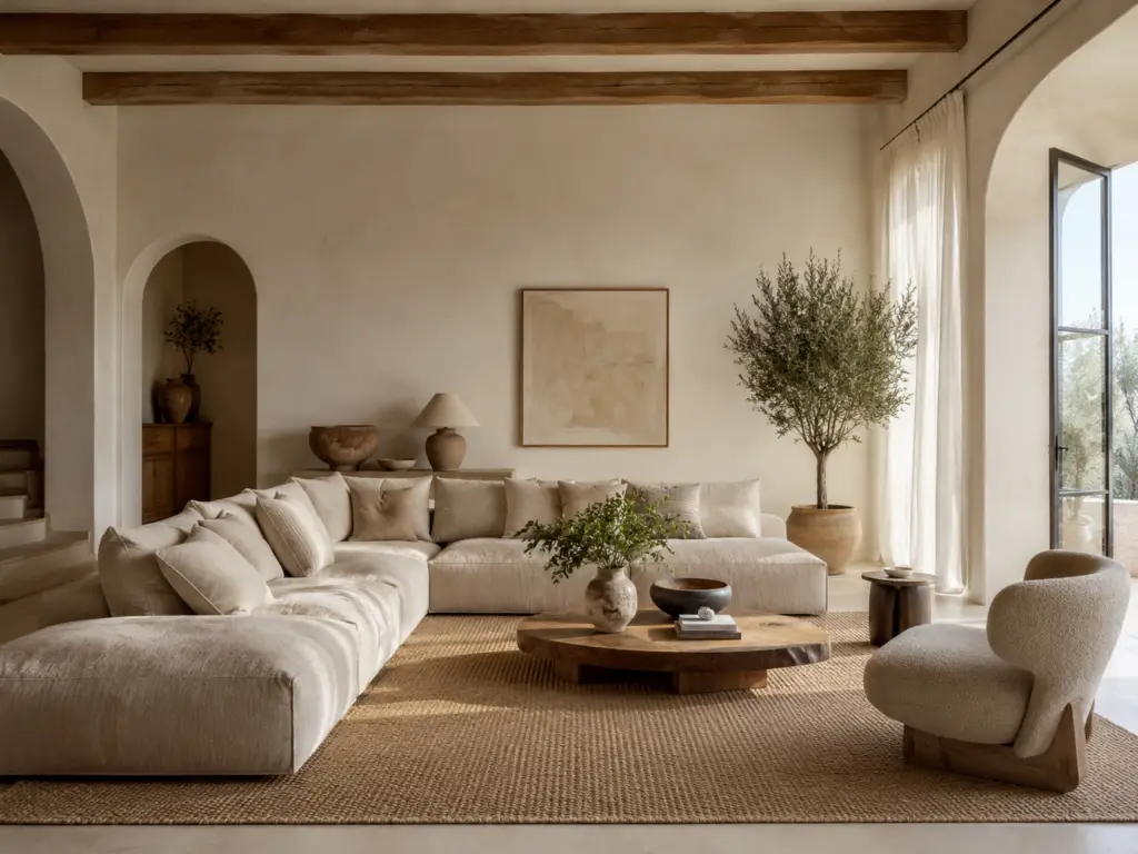 Salón sereno de estilo mediterráneo contemporáneo en tonos beige y madera natural