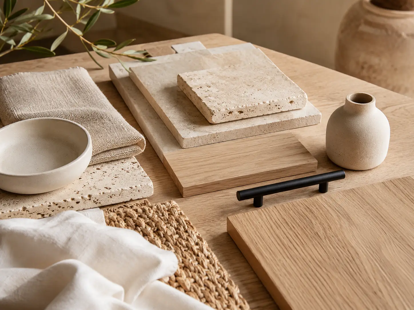 Interior cálido decorado con madera, piedra, lino y fibras naturales