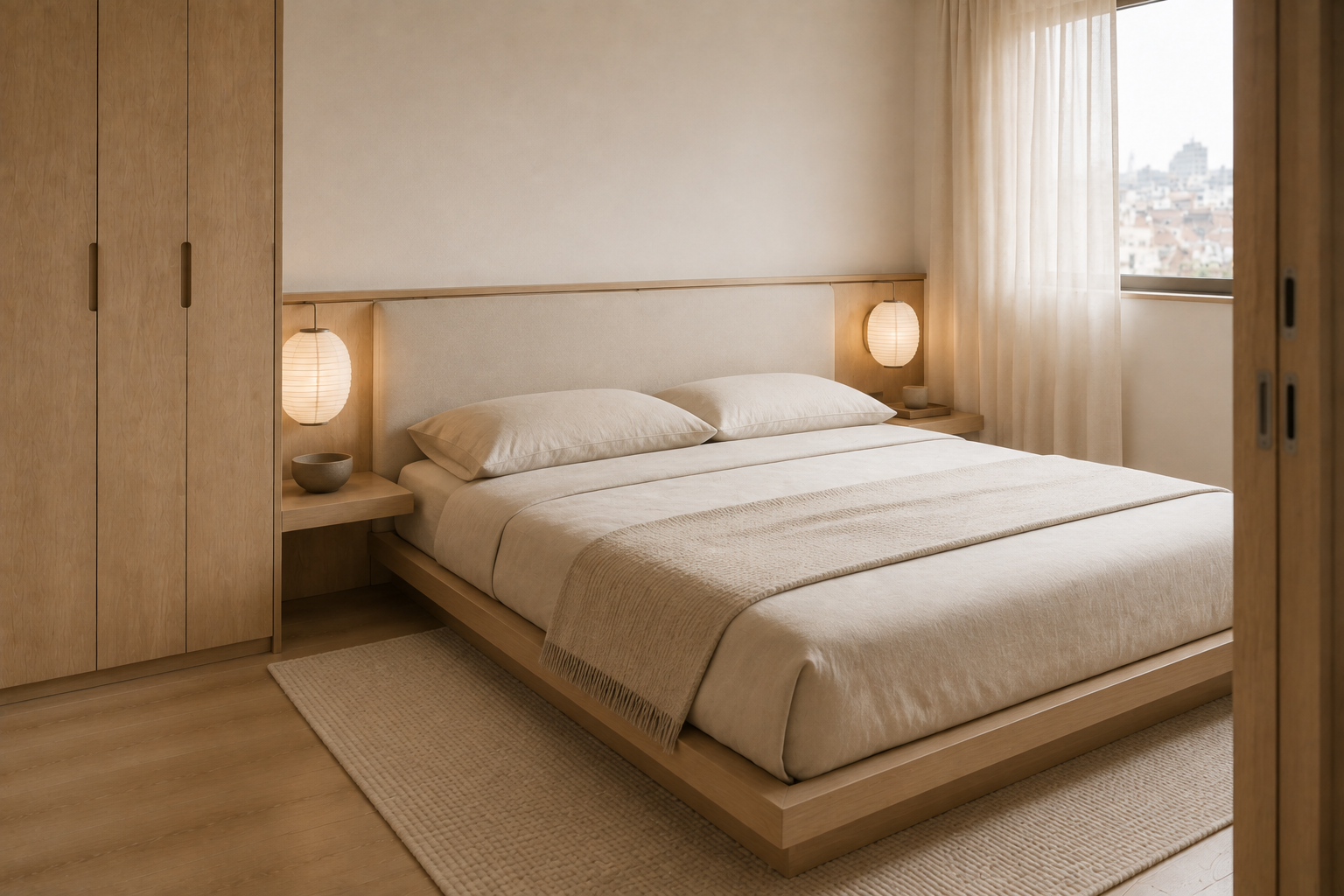 Dormitorio sereno de estilo Japandi