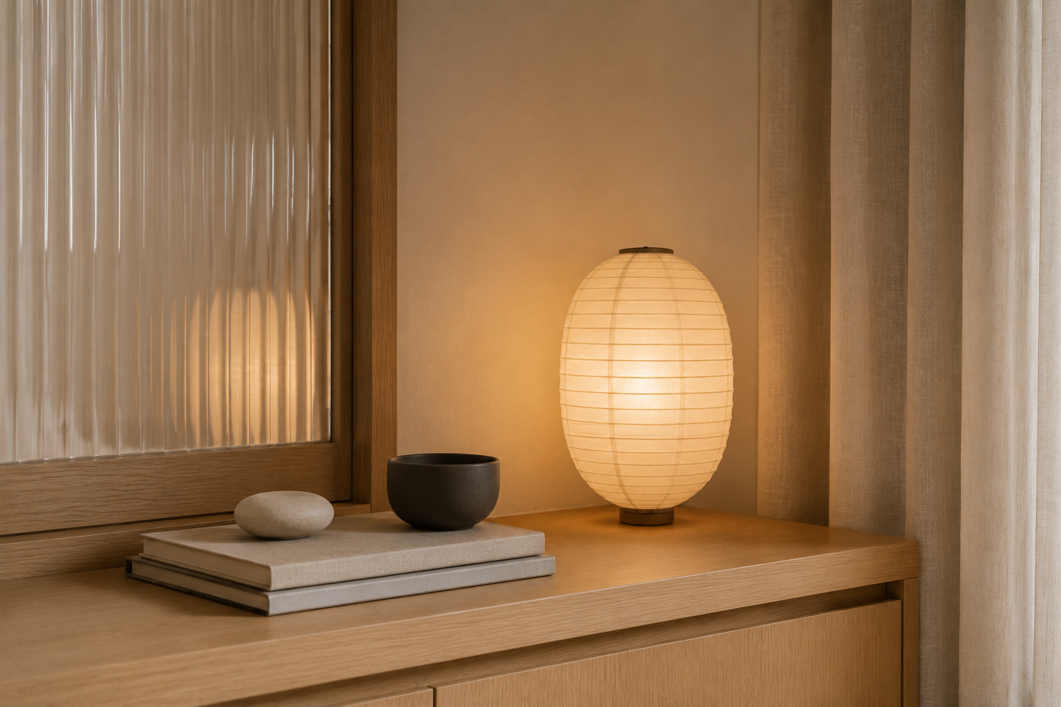 Detalle de iluminación y decoración Japandi del apartamento