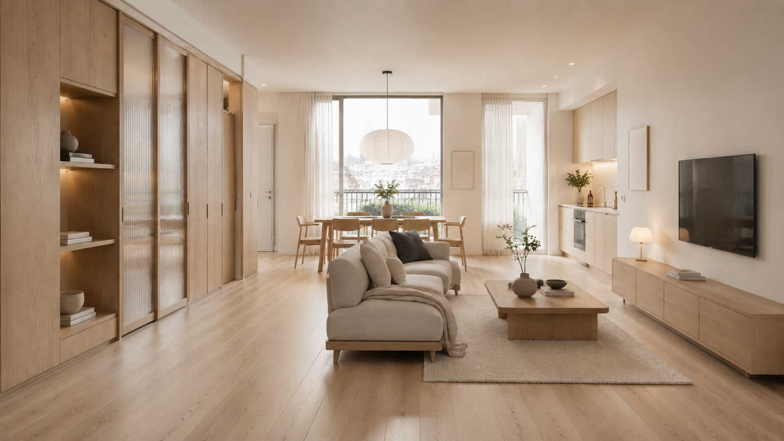 Salón del proyecto de interiorismo Japandi Apartamento Sereno