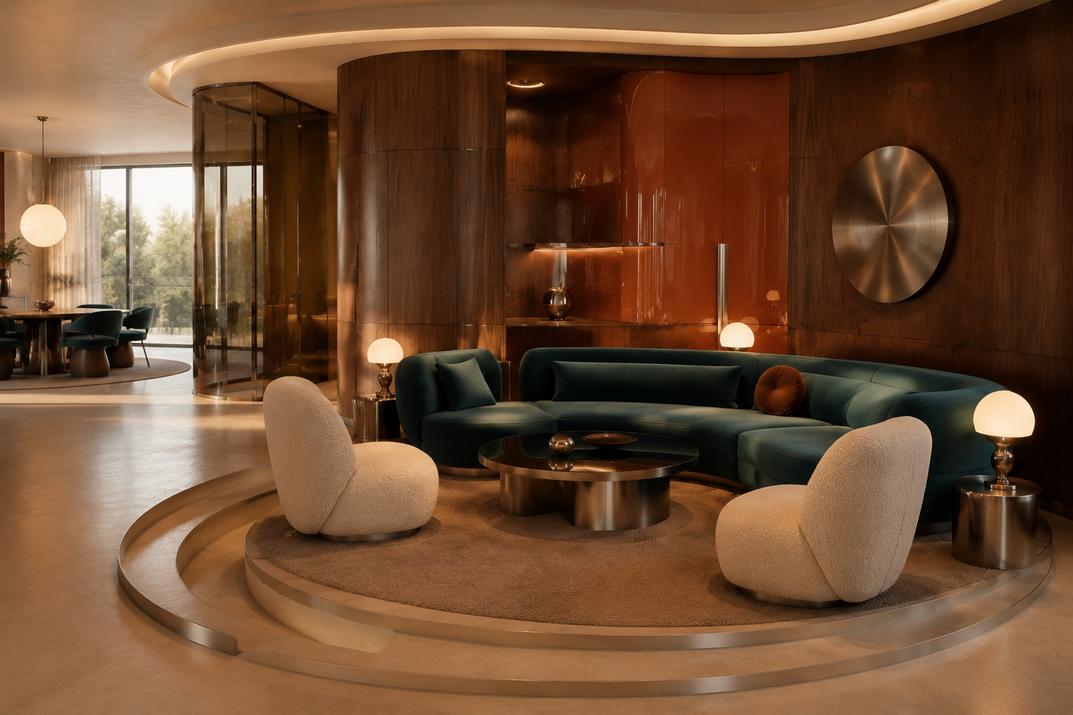 Salón retrofuturista del proyecto Concepto Visual 3D