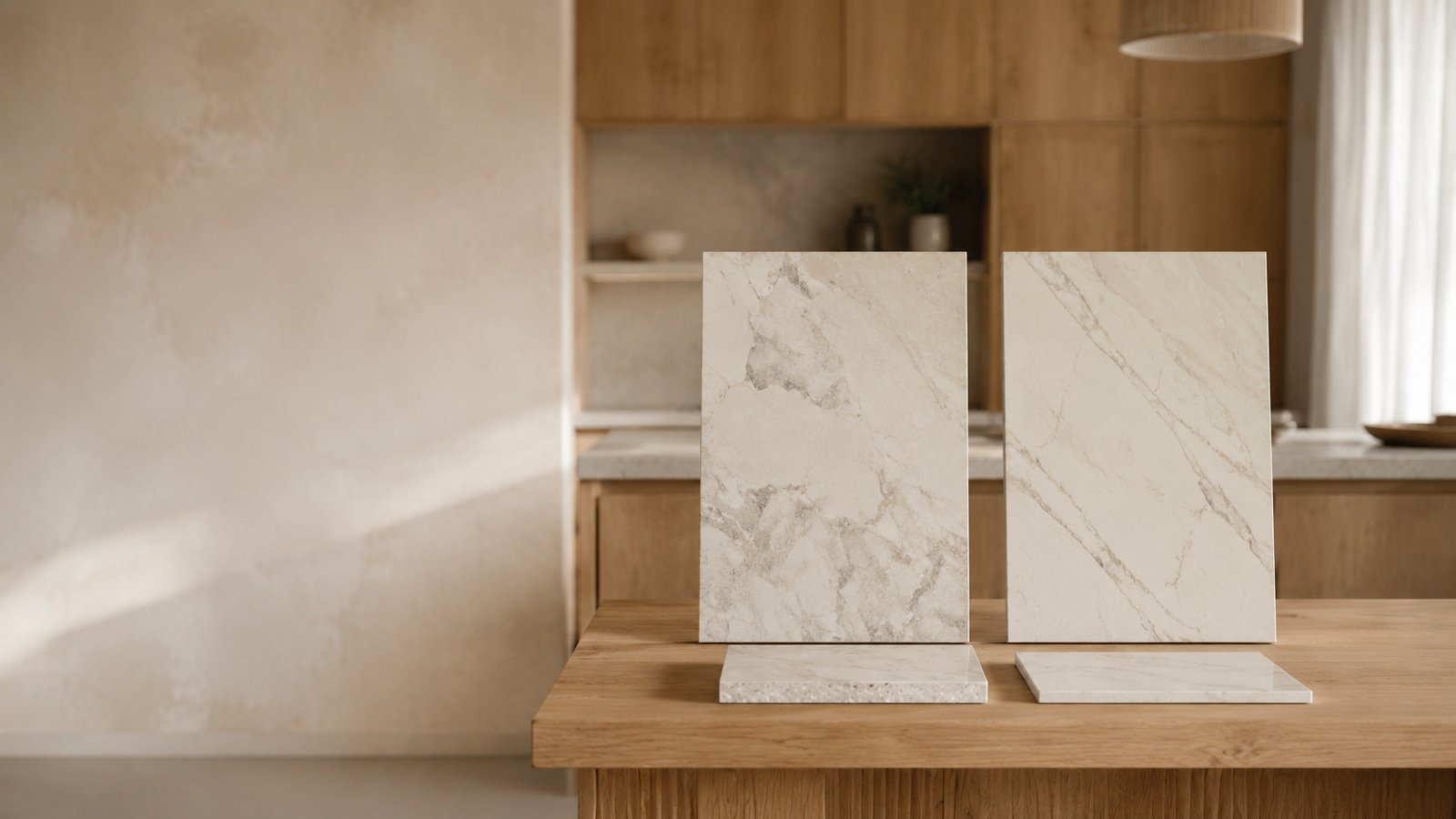 Comparación de una superficie de mármol natural y un porcelánico efecto piedra