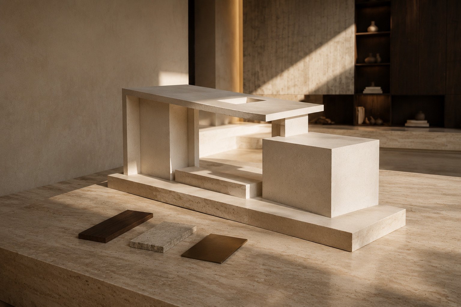 Hormigón, cal, travertino y madera del proyecto Materia y Luz
