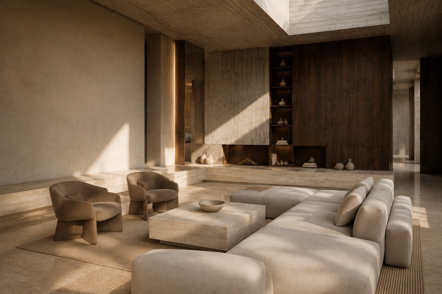 Salón de brutalismo cálido del proyecto Materia y Luz