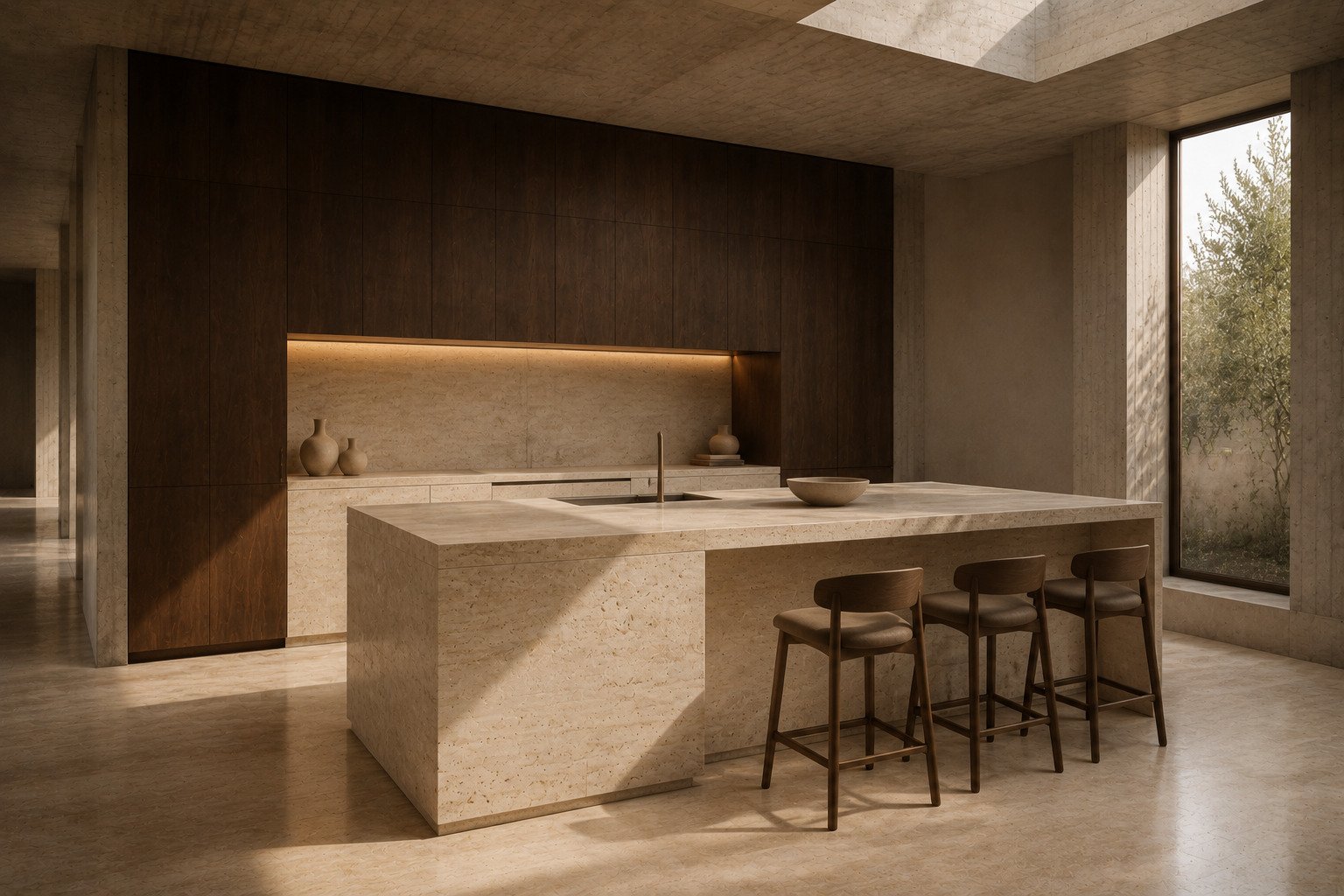 Cocina monolítica de travertino y roble ahumado