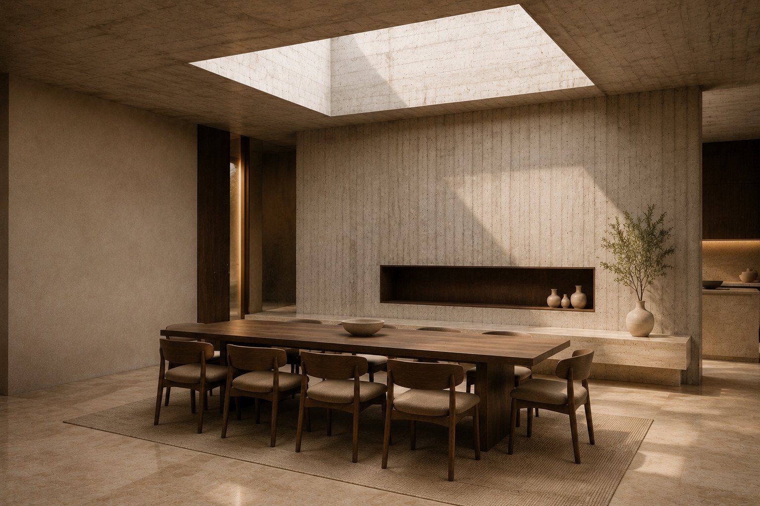 Comedor con hormigón arquitectónico y luz cenital
