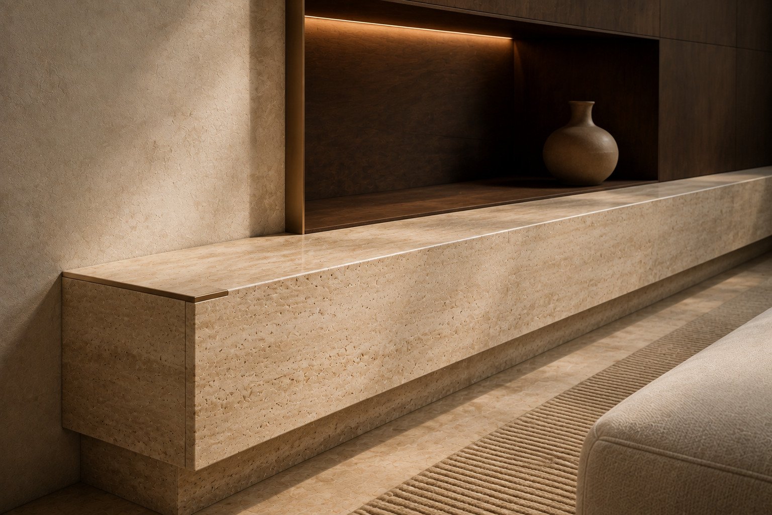 Detalle de piedra, madera y bronce del proyecto