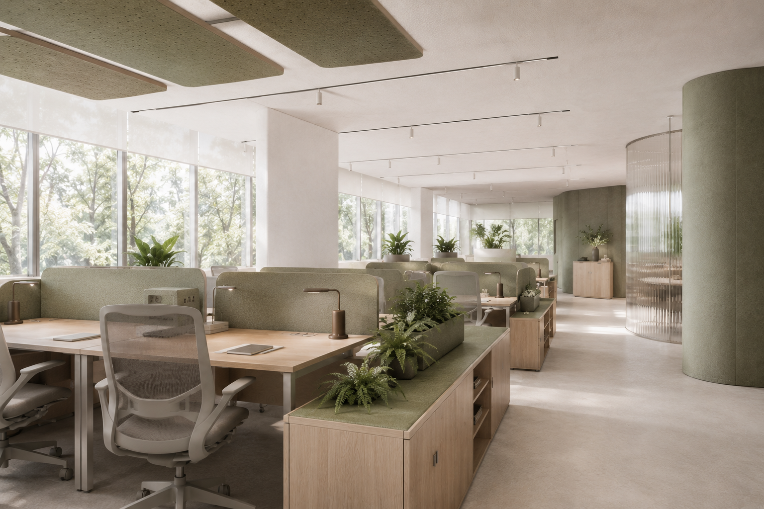 Zona abierta de trabajo con vegetación y luz natural